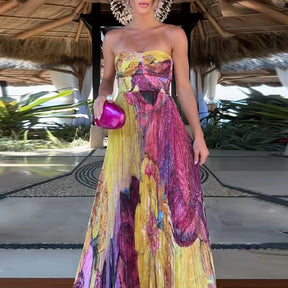 Verão oco padrão impresso vestidos longos casual sem mangas balanço praia vestido sexy fora do ombro cintura alta plissado vestido de festa