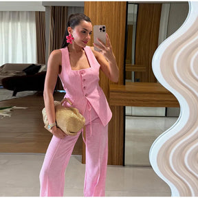 Conjunto de duas peças de linho feminino sem mangas pescoço quadrado colete combinando calças largas verde limão casual escritório verão outfit ternos